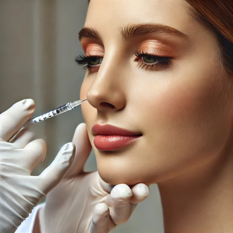 DALL·E 2024-11-14 12.11.19 - A close-up of a person receiving a non-surgical rhinoplasty (rinofiller) procedure in a medical clinic